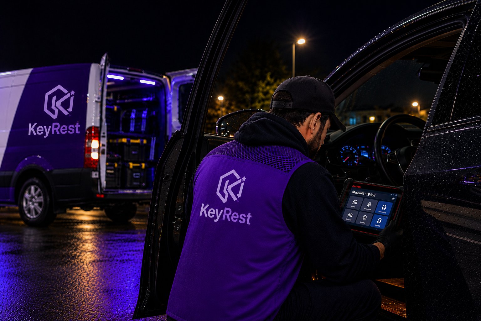 KeyRest technician programming a car key beside the branded service van at night